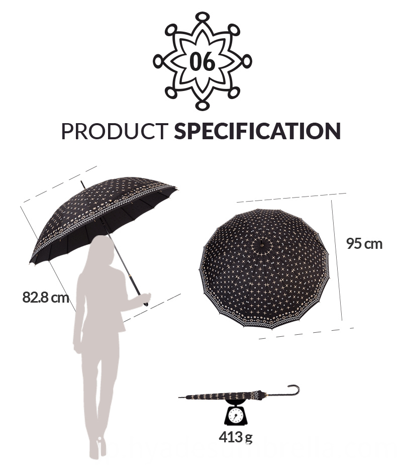 レディースプリント16リブ手動オープンストレート傘仕様 Ladies Printed 16 Ribs Manual Open Straight Umbrella Spec